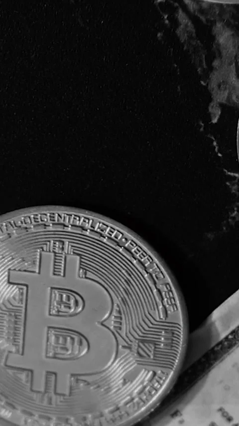 Bitcoin with dollars bills in wallet. Digital crypto coin. Investments, investor Видео 329624003
