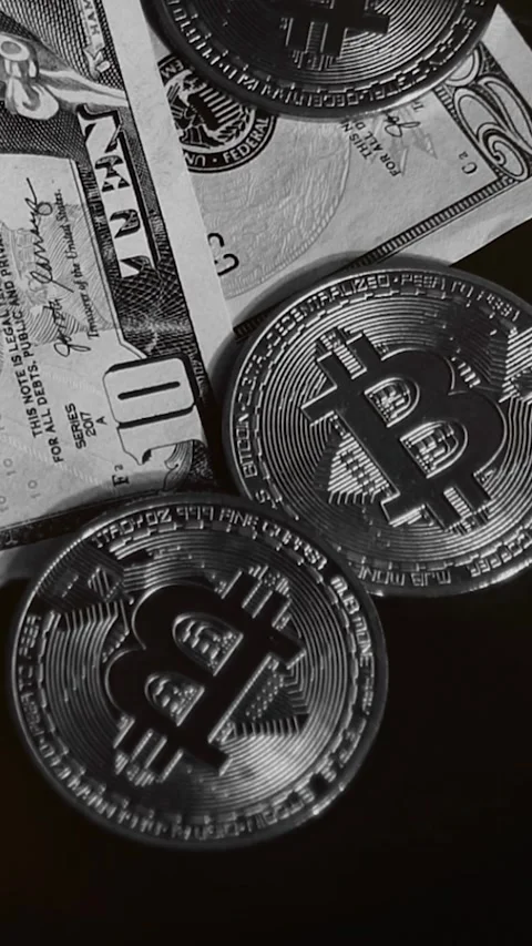Bitcoin with dollars bills in wallet. Digital crypto coin. Investments, investor 스톡 동영상 329624010