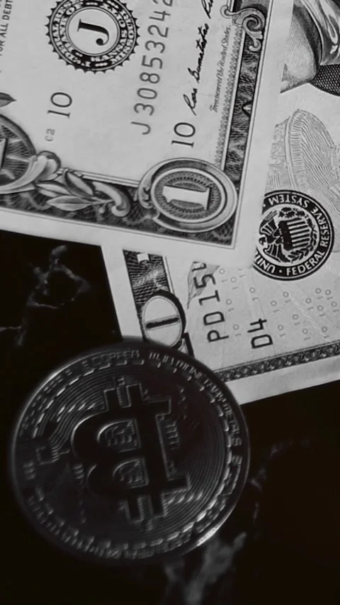 Bitcoin with dollars bills in wallet. Digital crypto coin. Investments, investor Stock Footage 329624015