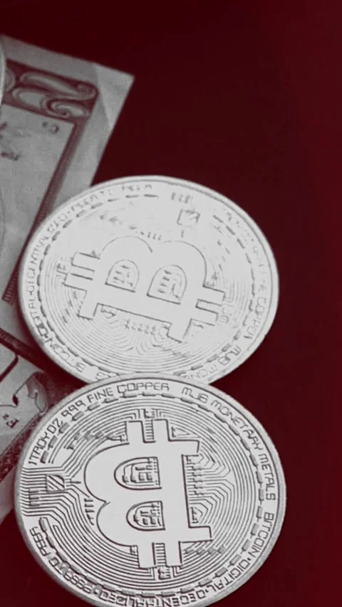 Bitcoin with dollars bills in wallet. Digital crypto coin. Investments, investor Видео 329624046
