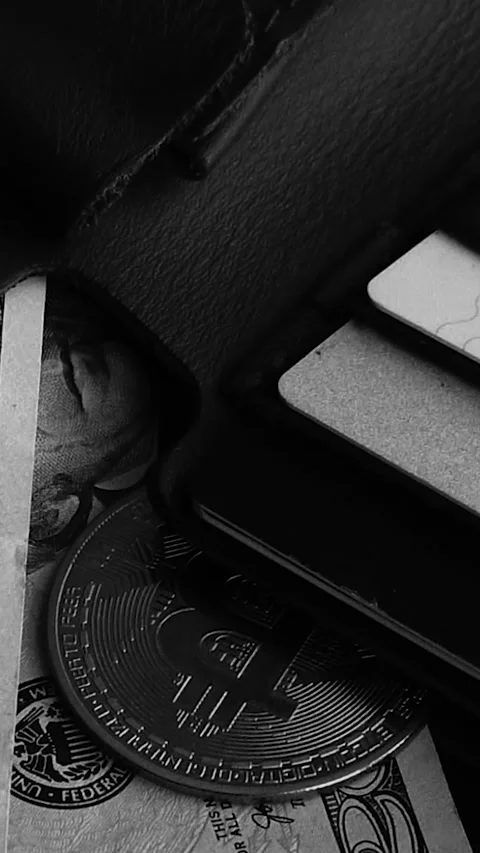 Bitcoin with dollars bills in wallet. Digital crypto coin. Investments, investor Видео 329624047