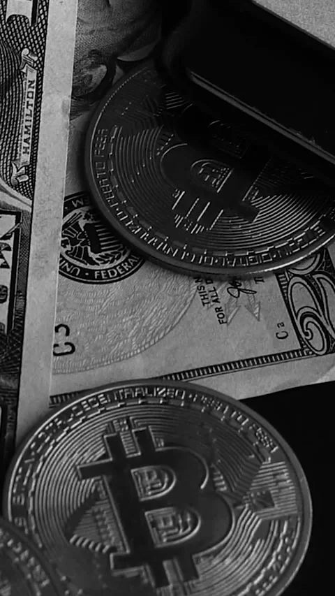 Bitcoin with dollars bills in wallet. Digital crypto coin. Investments, investor Vídeos de archivo 329624049