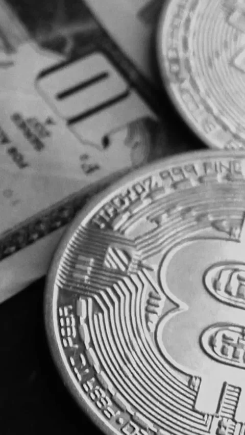 Bitcoin with dollars bills in wallet. Digital crypto coin. Investments, investor Видео 329624058