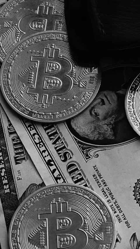Bitcoin with dollars bills in wallet. Digital crypto coin. Investments, investor 库存影片 329624064