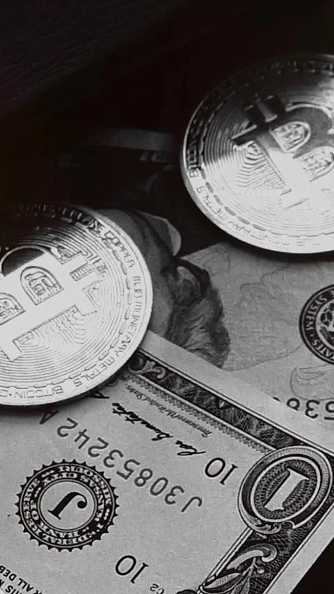 Bitcoin with dollars bills in wallet. Digital crypto coin. Investments, investor Stock Footage 329624073