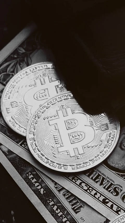Bitcoin with dollars bills in wallet. Digital crypto coin. Investments, investor Stock Footage 329624074