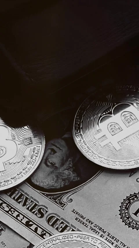 Bitcoin with dollars bills in wallet. Digital crypto coin. Investments, investor 動画素材 329624076