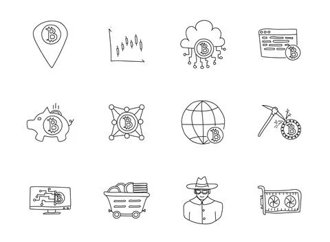 Bitcoin doodles isolated on white. Illustrazione stock
