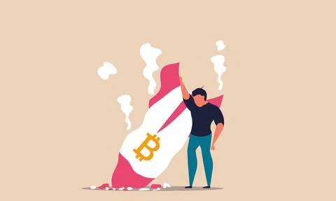 Bitcoin down and crypto currency price exchange. Rocket btc fall with volatil Ilustração Stock