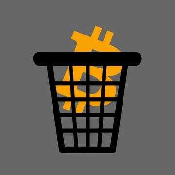 Bitcoin in the dustbin as metaphor of devaluation, decay and plunge of worthl Illustrazione stock
