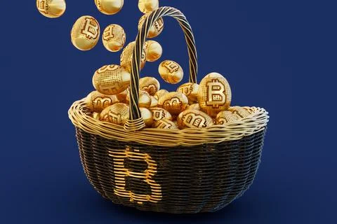 Bitcoin Easter Basket Golden Digital Easter Eggs 3D Illustration Stock Illustration