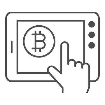 Bitcoin emblem on tablet and hand thin line icon, cryptocurrency concept, BTC Stock Illustration