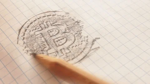 Bitcoin engraving on a notebook sheet with a pencil, hatching appears on the lin Stock Footage 101665915