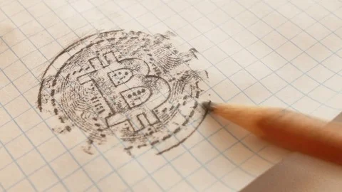 Bitcoin engraving on a notebook sheet with a pencil, hatching appears on the lin Stock Footage 101665989