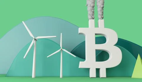 Bitcoin environmental impact. Pollution from a bitcoin logo. 3D Rendering Illustrazione stock