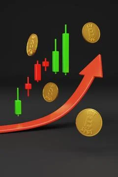 Bitcoin ETF Spot with candlestick chart and growth arrow. 3d illustration. Stock Illustration