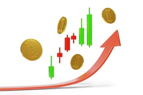Bitcoin ETF Spot with candlestick chart and growth arrow isolated on white .. Stock Illustration