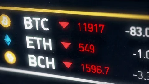 Bitcoin, Ether, Bitcoin cash cryptocurrency prices falling, money comparison Stock Footage 83159192