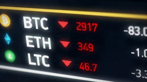 Bitcoin, Ether, Litecoin cryptocurrency prices falling, digital money comparison Stock Footage 76978474