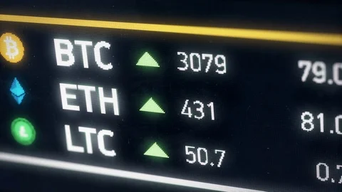 Bitcoin, Ether, Litecoin cryptocurrency prices growing, digital money gain value Stock Footage