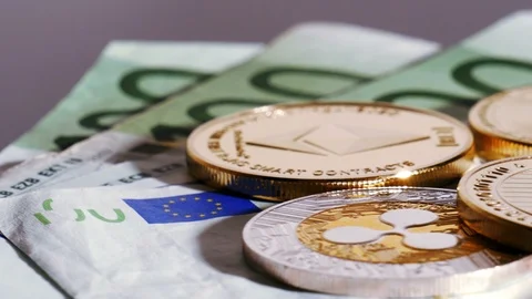 Bitcoin Ether Litecoin Ripple. Cryptocurrencys rotation shot. Stock Footage 86490185