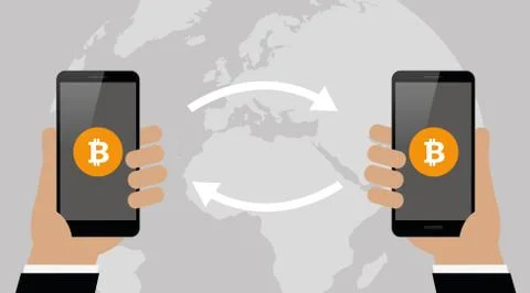 Bitcoin exchange around the world mobile banking concept of cryptocurrency Stock Illustration