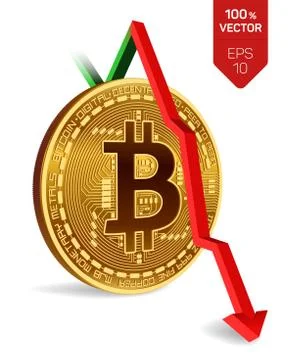 Bitcoin. Fall. Red arrow down. Bitcoin index rating go down on exchange marke Illustrazione stock