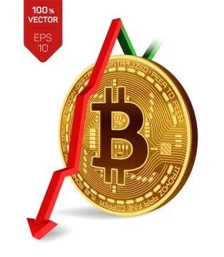 Bitcoin. Fall. Red arrow down. Bitcoin index rating go down on exchange marke Stock Illustration