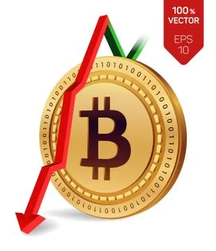 Bitcoin. Fall. Red arrow down. Bitcoin index rating go down on exchange marke Stock Illustration