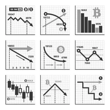 Bitcoin Falling Down Chart Graphics Set. Vector Stock Illustration