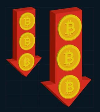 Bitcoin falls in value vector illustration red arrows Bitcoin and blockchain  Stock Illustration