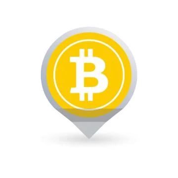 Bitcoin flat icon. Crypto coin logo in the shape of map pointer or marker. Stock Illustration