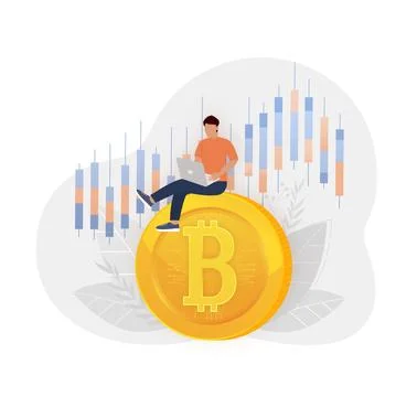 Bitcoin in flat style on white background. Man sits on bitcoin. Vector Ilustración de archivo
