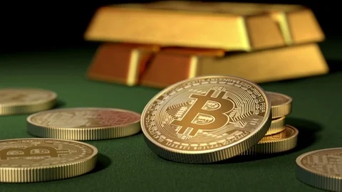 Bitcoin flickers. Unstable Crypto Currency and Gold Ingots on the Background Stock Footage