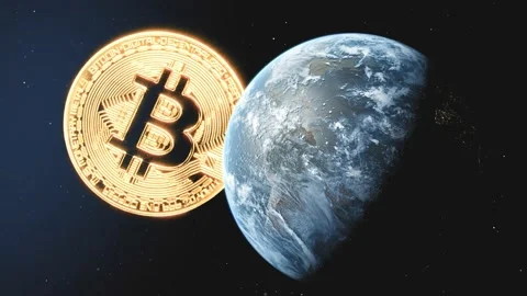 Bitcoin floating behind Earth Stock Footage