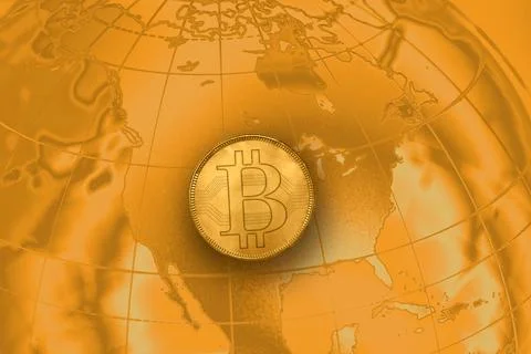 Bitcoin floating over world map Fotos Stock