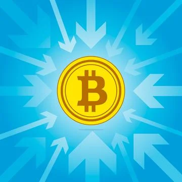 Bitcoin is the focus. The gold coin of the virtual crypto currency in the center Stock Illustration