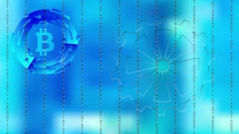 Bitcoin, gears and digital code on a blurred blue background, 4k footage loop Stock Footage 156428718