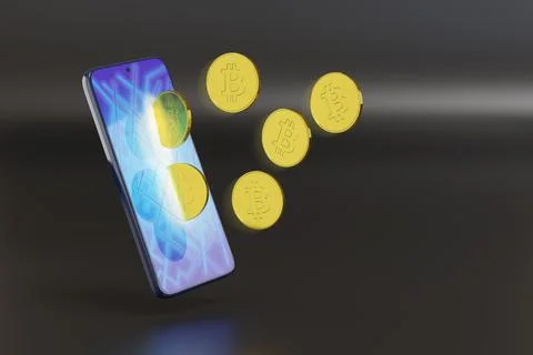 Bitcoin getting out of a mobile phone. 3d illustration. イラスト素材