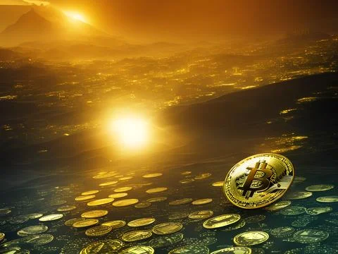 Bitcoin gold coin background abstract financial art sun beaming valley Stock Illustration