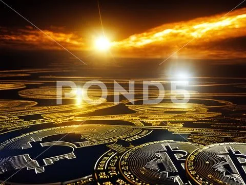Bitcoin gold coin background abstract financial art sun in distance