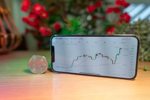 Bitcoin gold coin - crypto chart on a smartphone - cryptocurrency concept Stock Photos