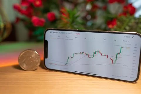 Bitcoin gold coin - crypto chart on a smartphone - cryptocurrency concept Stock Photos