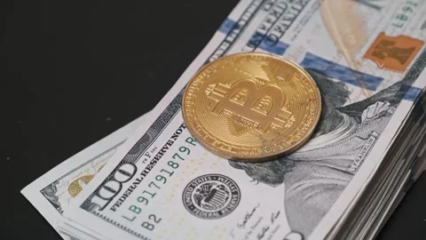 Bitcoin Gold Coin on Stack of Hundred Dollar Bills Stock Footage 303833549