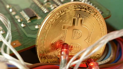 Bitcoin golden coin on computer circuit board with blinking bulbs, closeup, Video stock 162377251