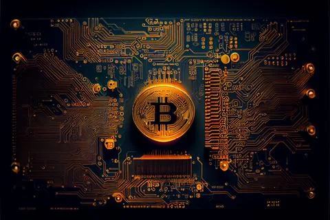 Bitcoin golden coin on computer circuit board Stock Illustration