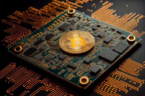 Bitcoin golden coin on computer circuit board 스톡 일러스트