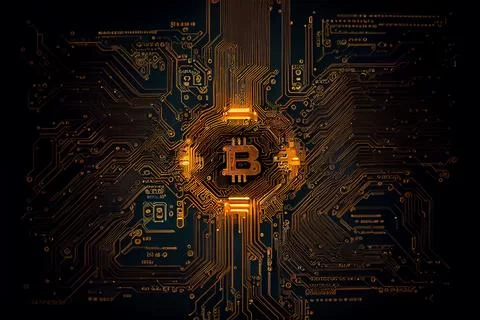 Bitcoin golden coin on computer circuit board Illustrazione stock