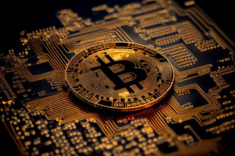 Bitcoin golden coin on computer circuit board 스톡 일러스트
