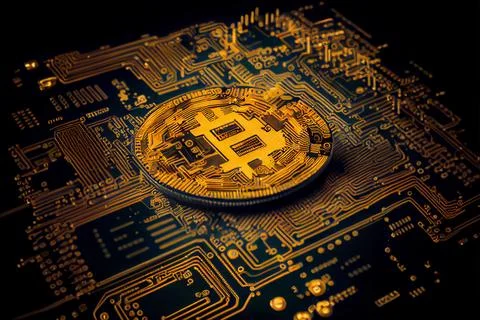 Bitcoin golden coin on computer circuit board Stock Illustration